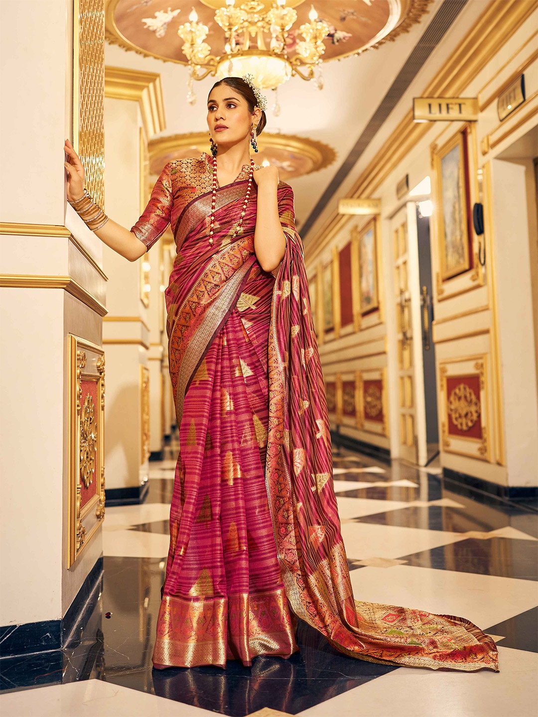 

KALINI Ethnic Woven Design Zari Organza Saree, Burgundy