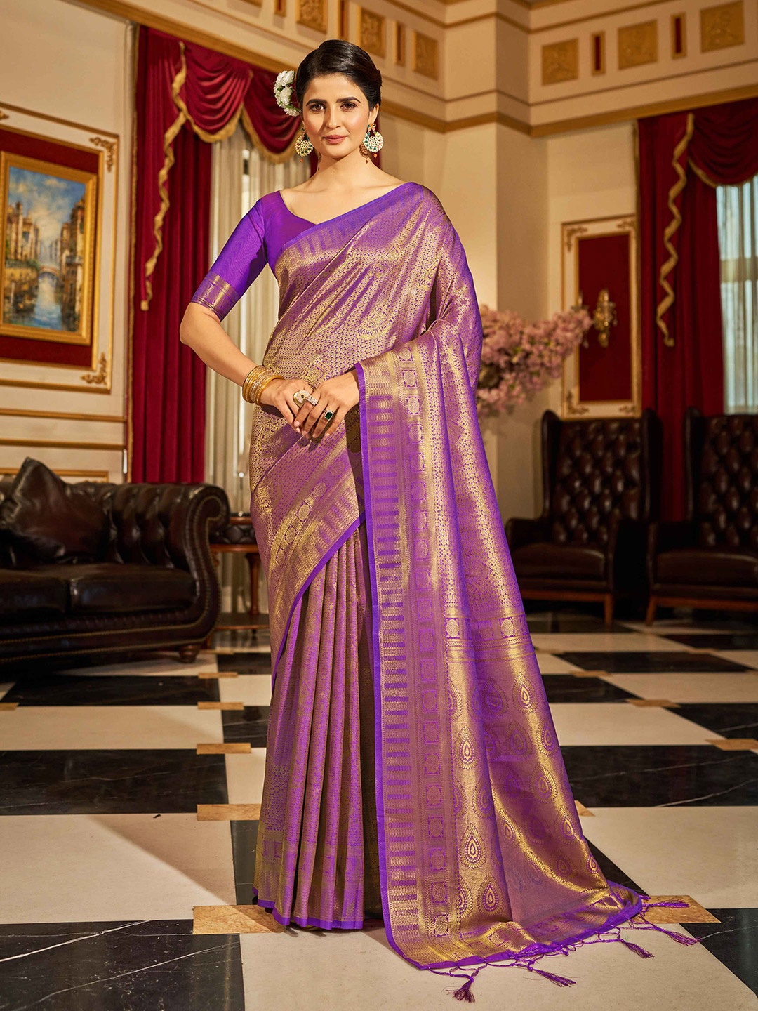 

KALINI Ethnic Motifs Woven Design Zari Saree, Purple
