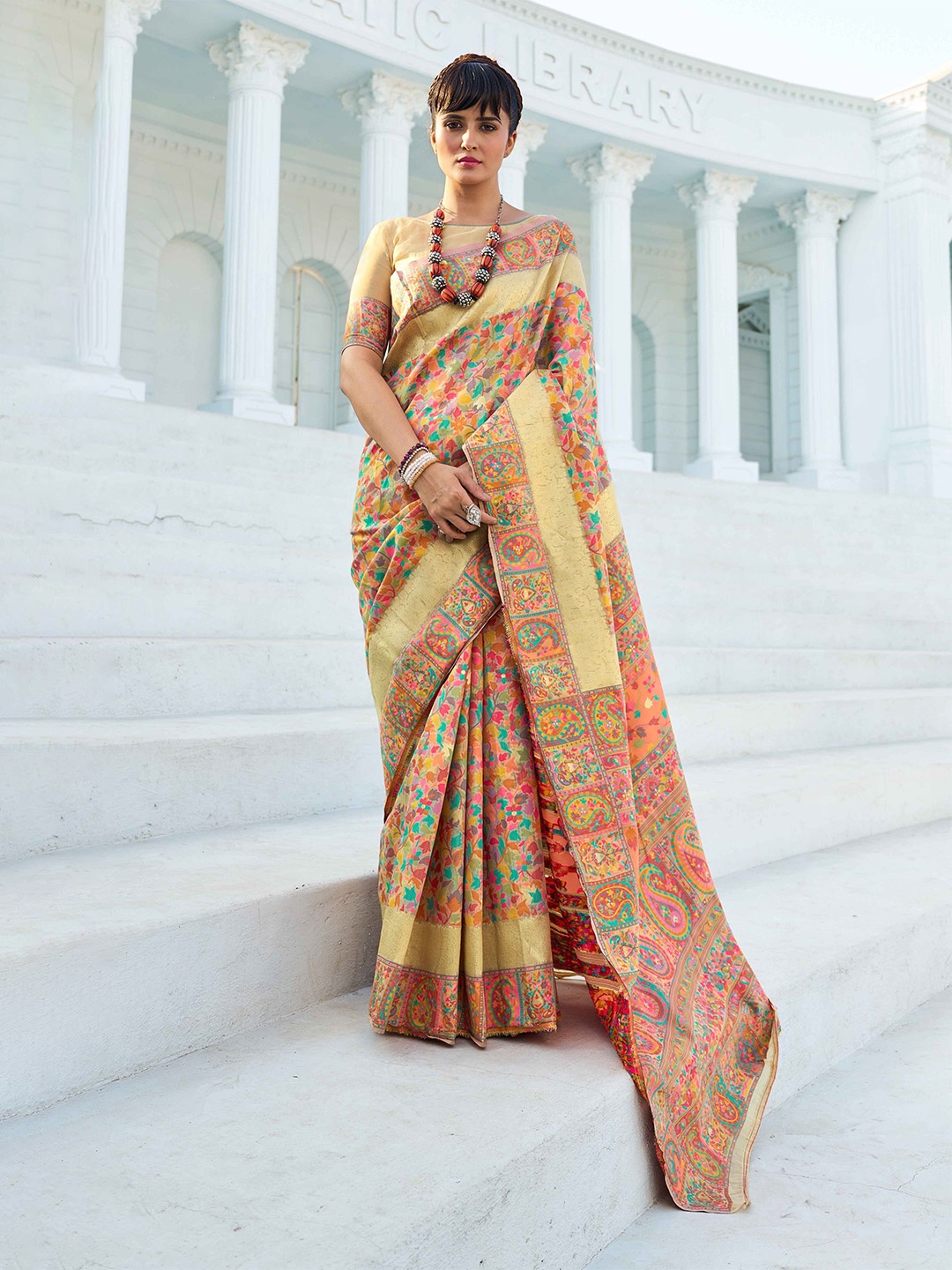 

KALINI Ethnic Motifs Woven Design Zari Saree, Orange
