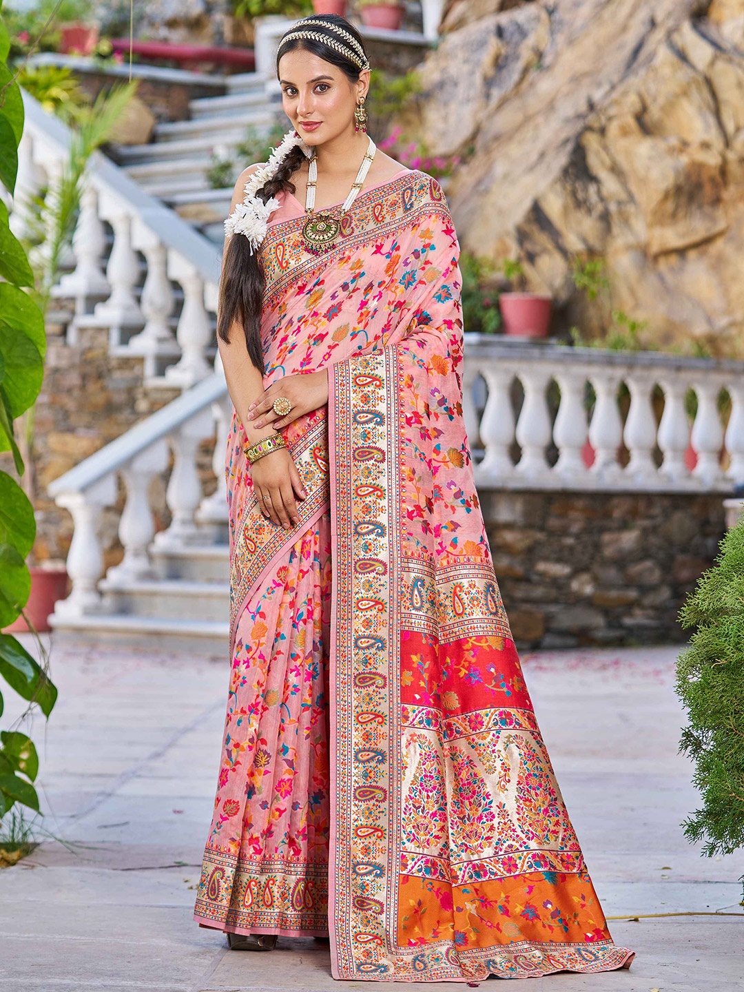 

KALINI Floral Woven Design Zari Saree, Peach