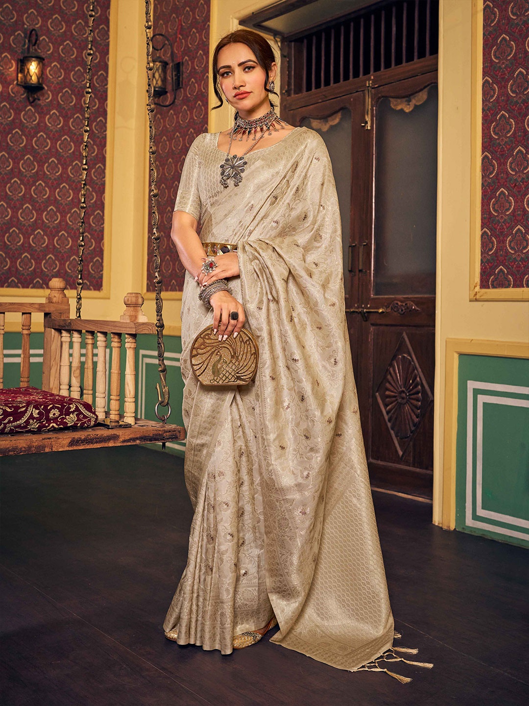 

KALINI Ethnic Woven Design Zari Saree, Cream