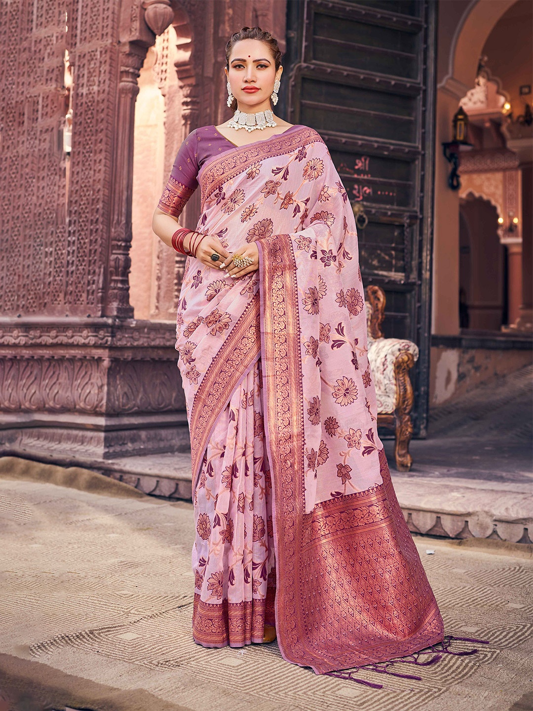 

KALINI Floral Woven Design Zari Saree, Purple
