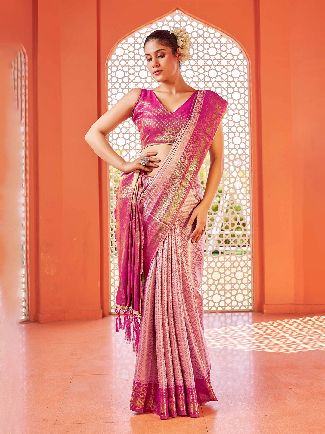 

KALINI Woven Design Ethnic Motifs Zari Saree, Pink