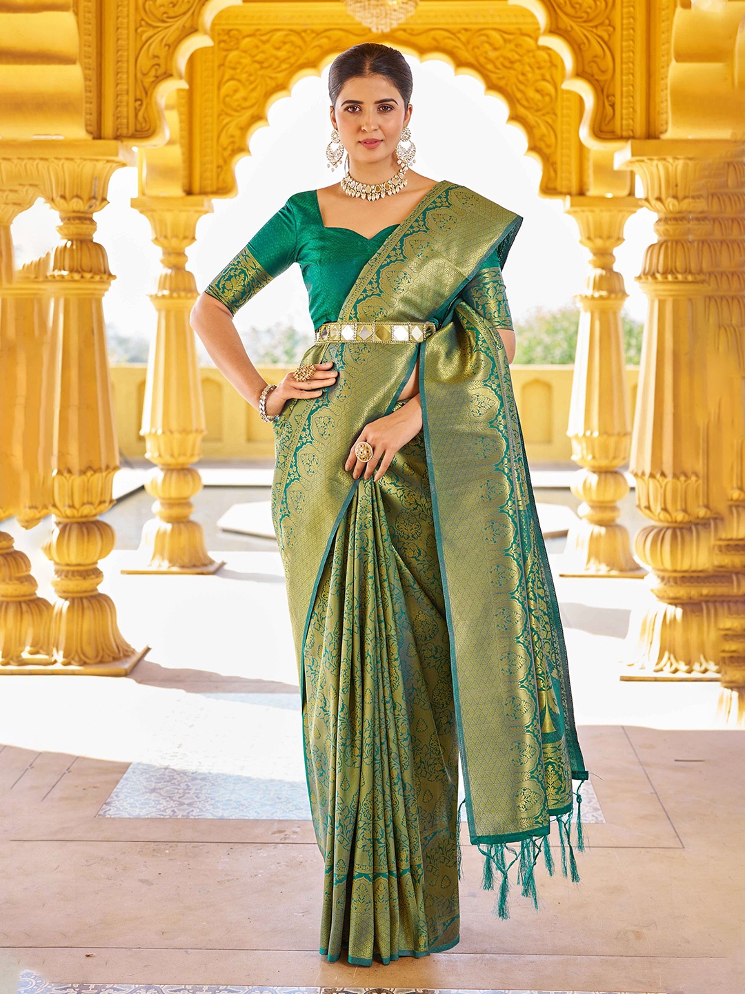 

KALINI Ethnic Motifs Woven Design Saree, Green