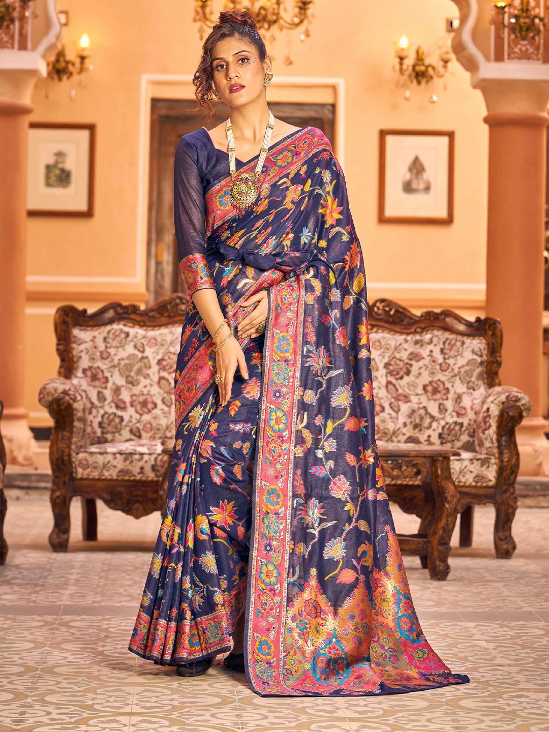 

KALINI Ethnic Motifs Woven Design Zari Saree, Blue