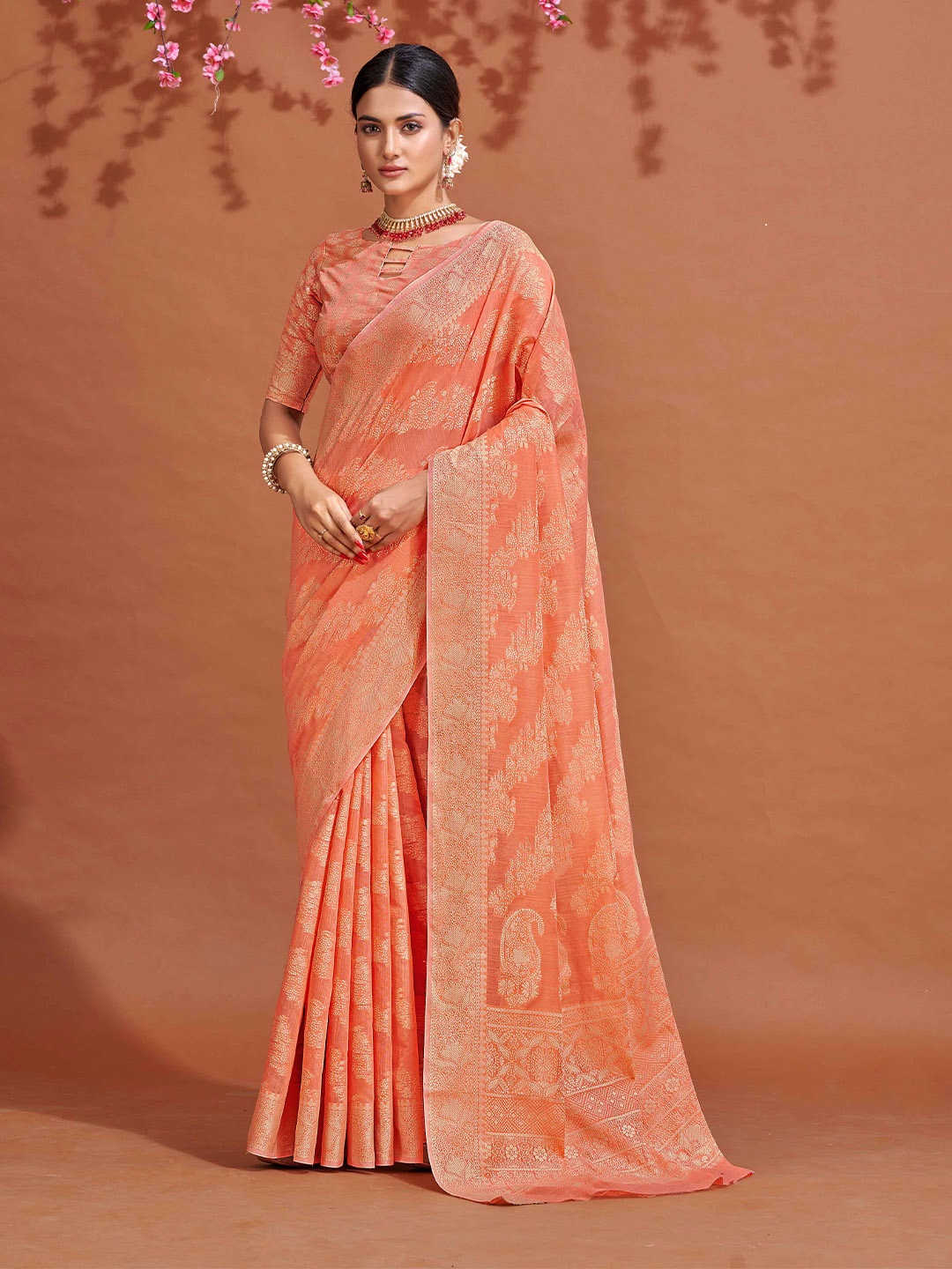 

KALINI Ethnic Motifs Woven Design Zari Saree, Orange