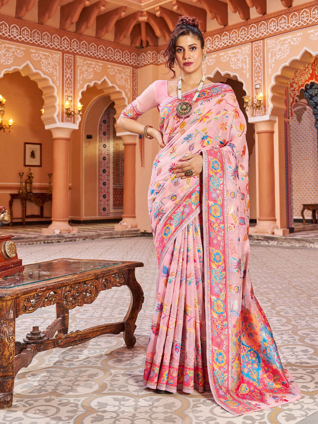 

KALINI Ethnic Motifs Woven Design Saree, Pink