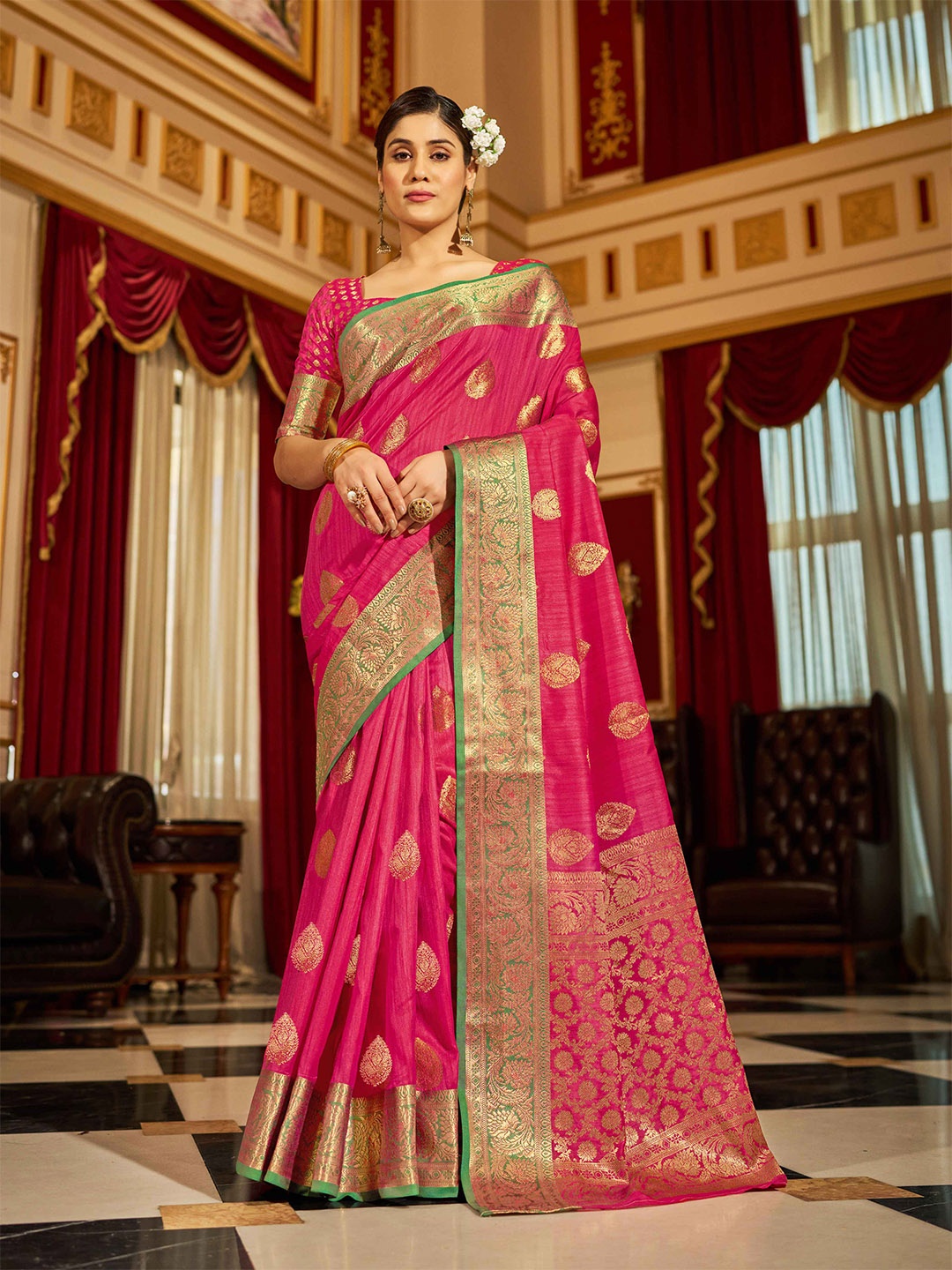 

KALINI Ethnic Motifs Woven Design Zari Saree, Pink