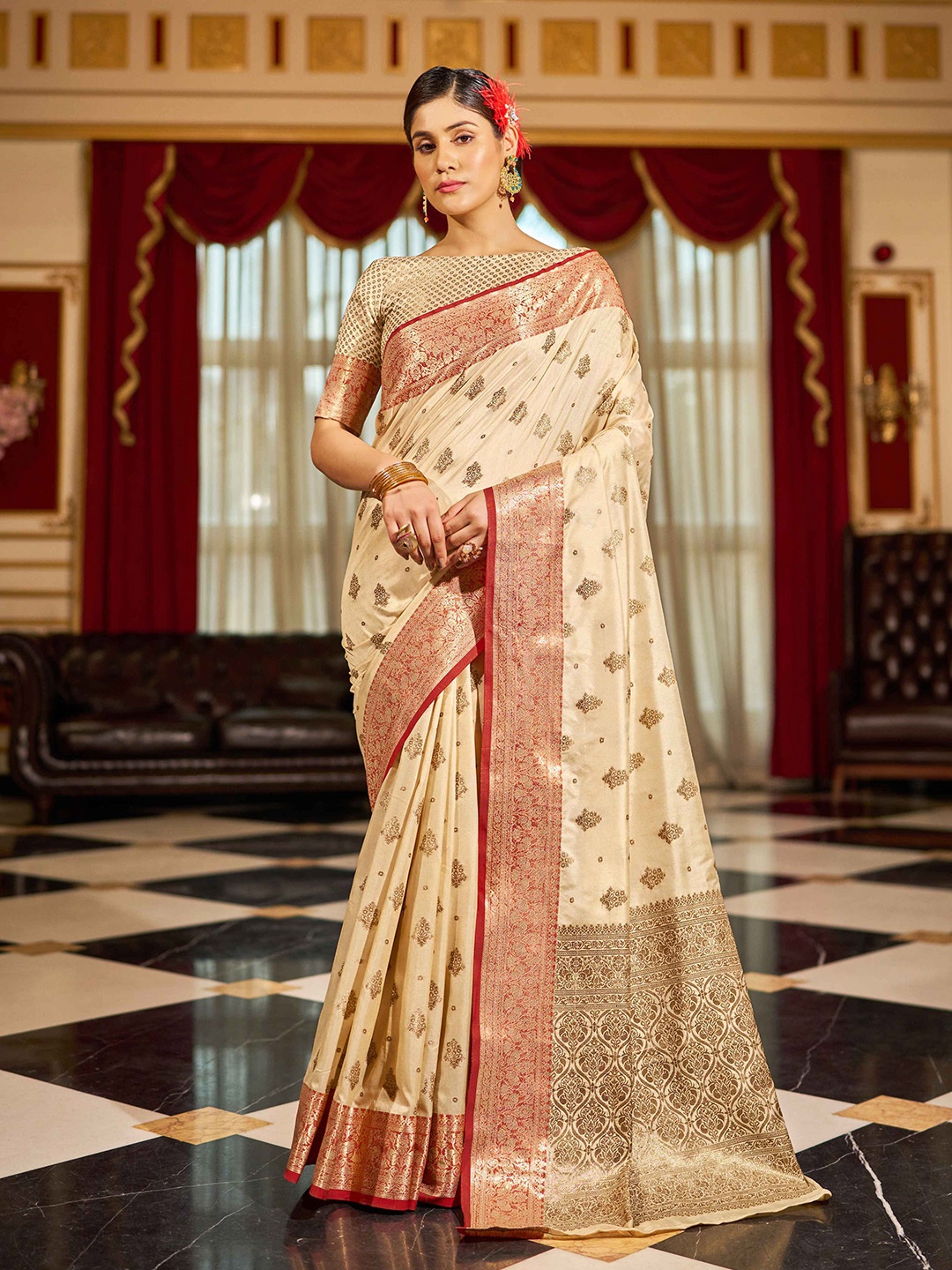 

KALINI Ethnic Motifs Woven Design Saree, Beige