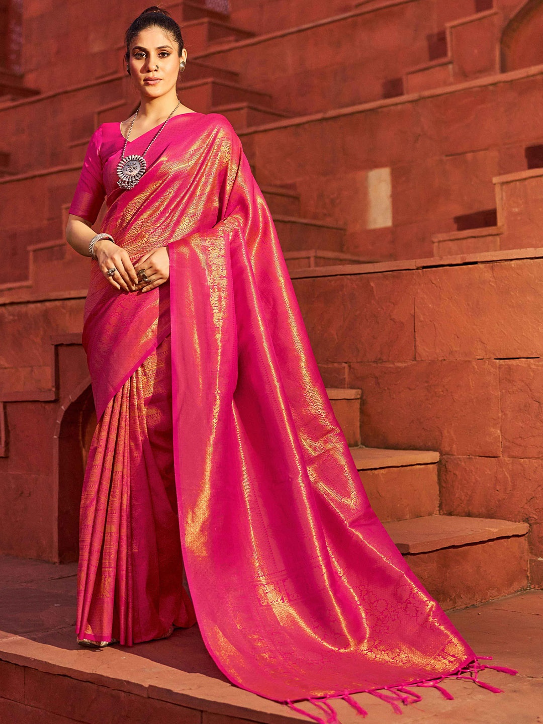 

KALINI Ethnic Woven Design Zari Saree, Pink