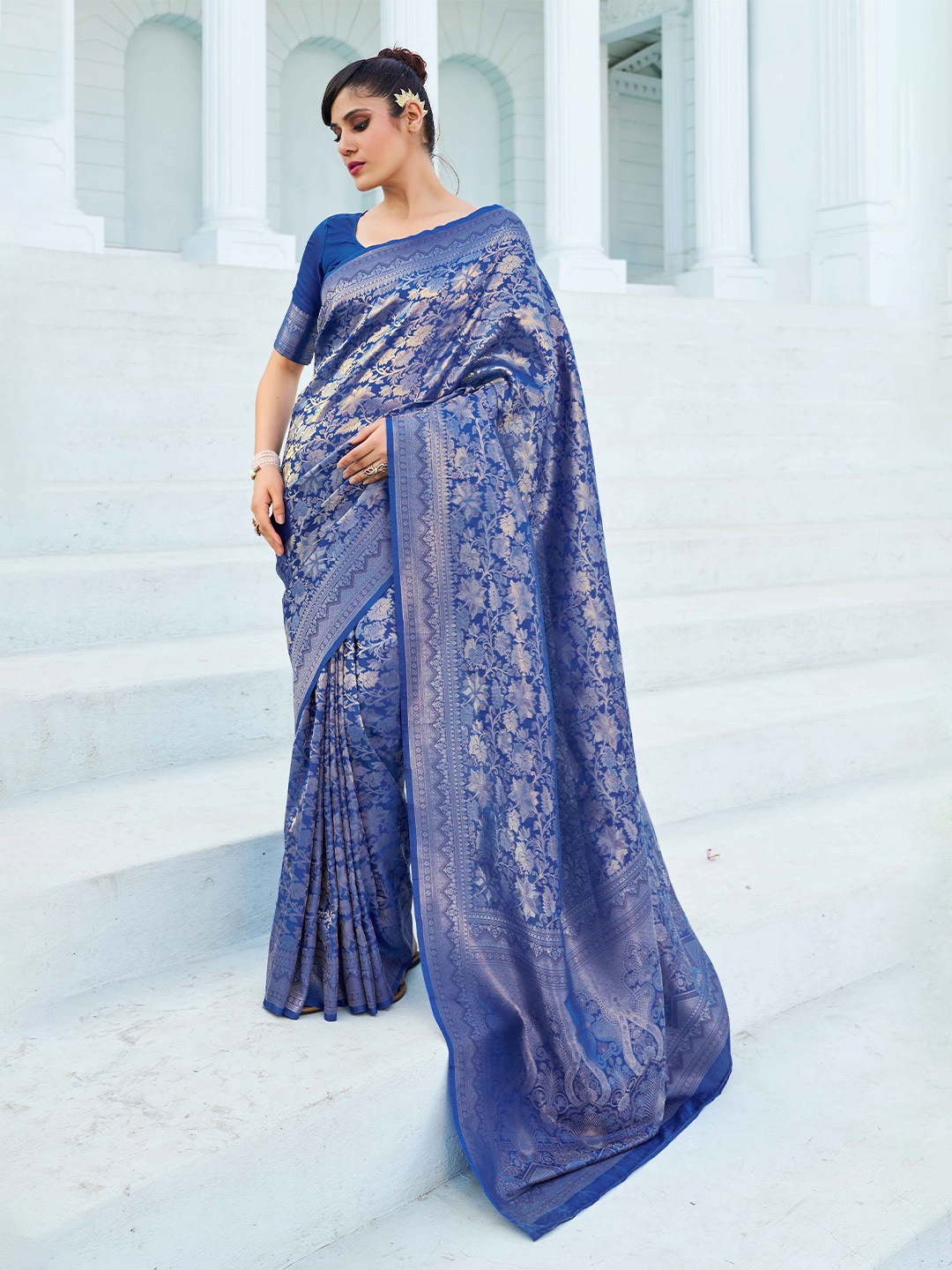 

KALINI Ethnic Motifs Woven Design Kanjeevaram Saree, Blue