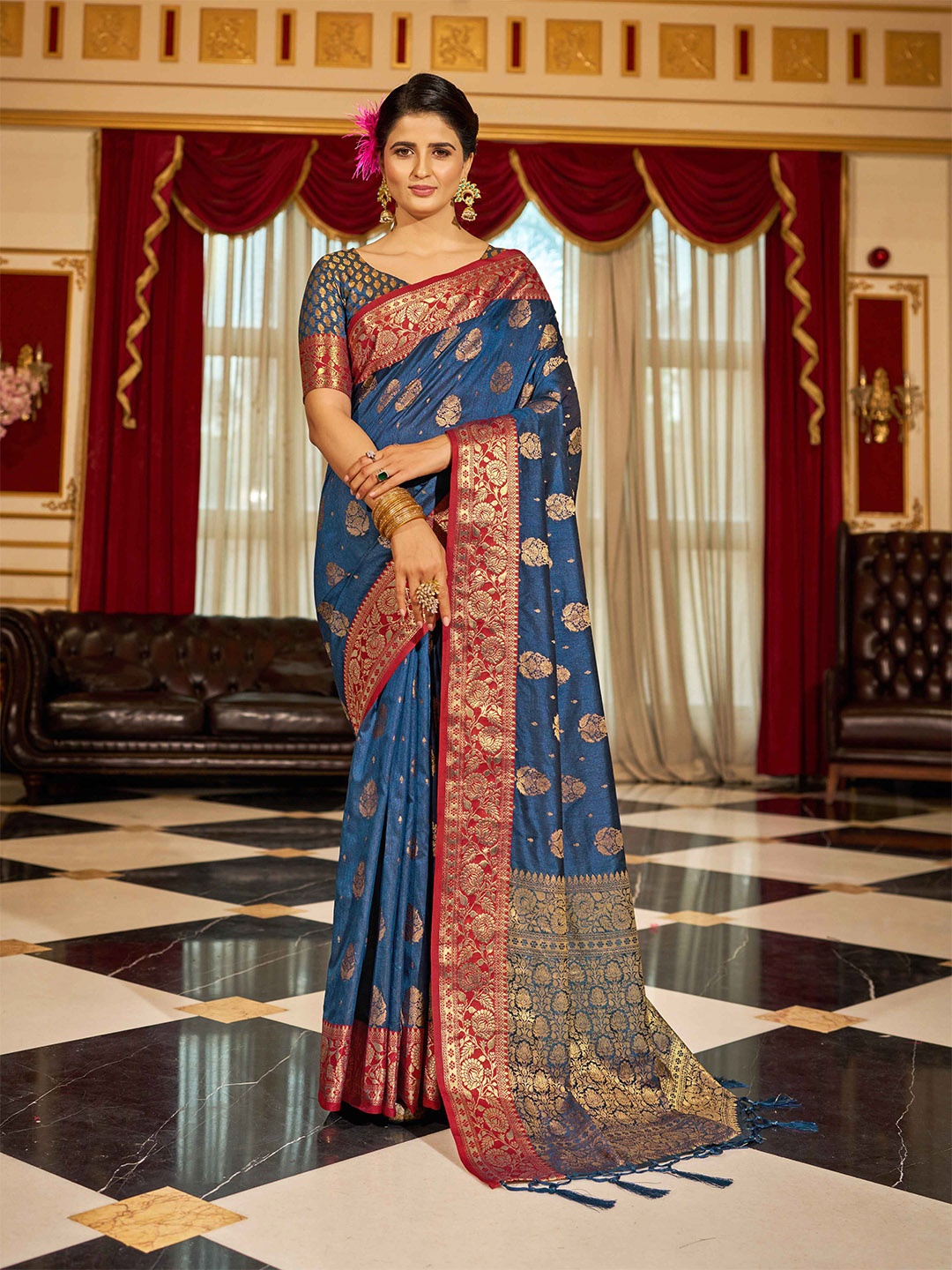 

KALINI Ethnic Motifs Woven Design Zari Saree, Blue
