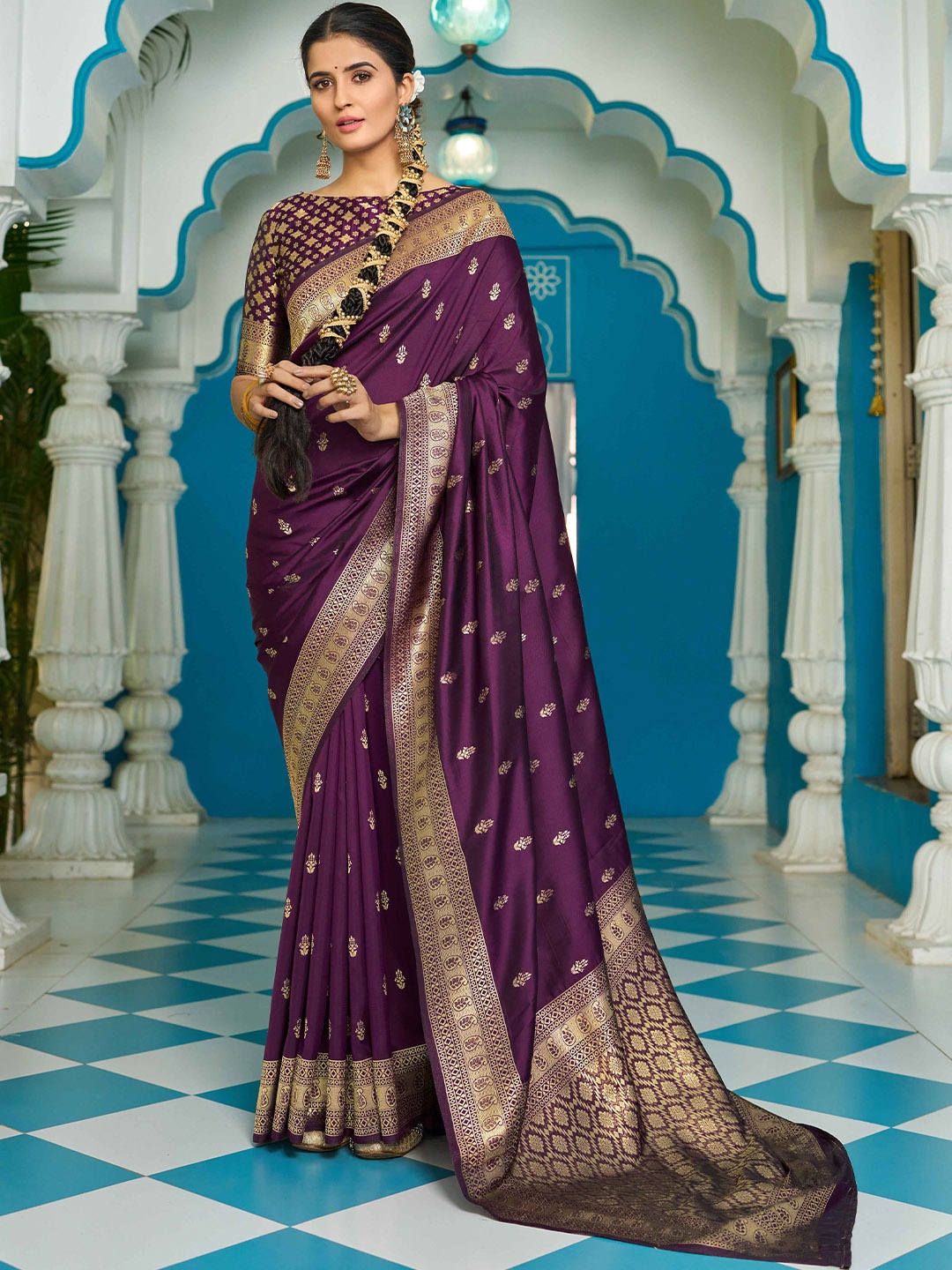 

KALINI Ethnic Motifs Woven Design Zari Saree, Purple