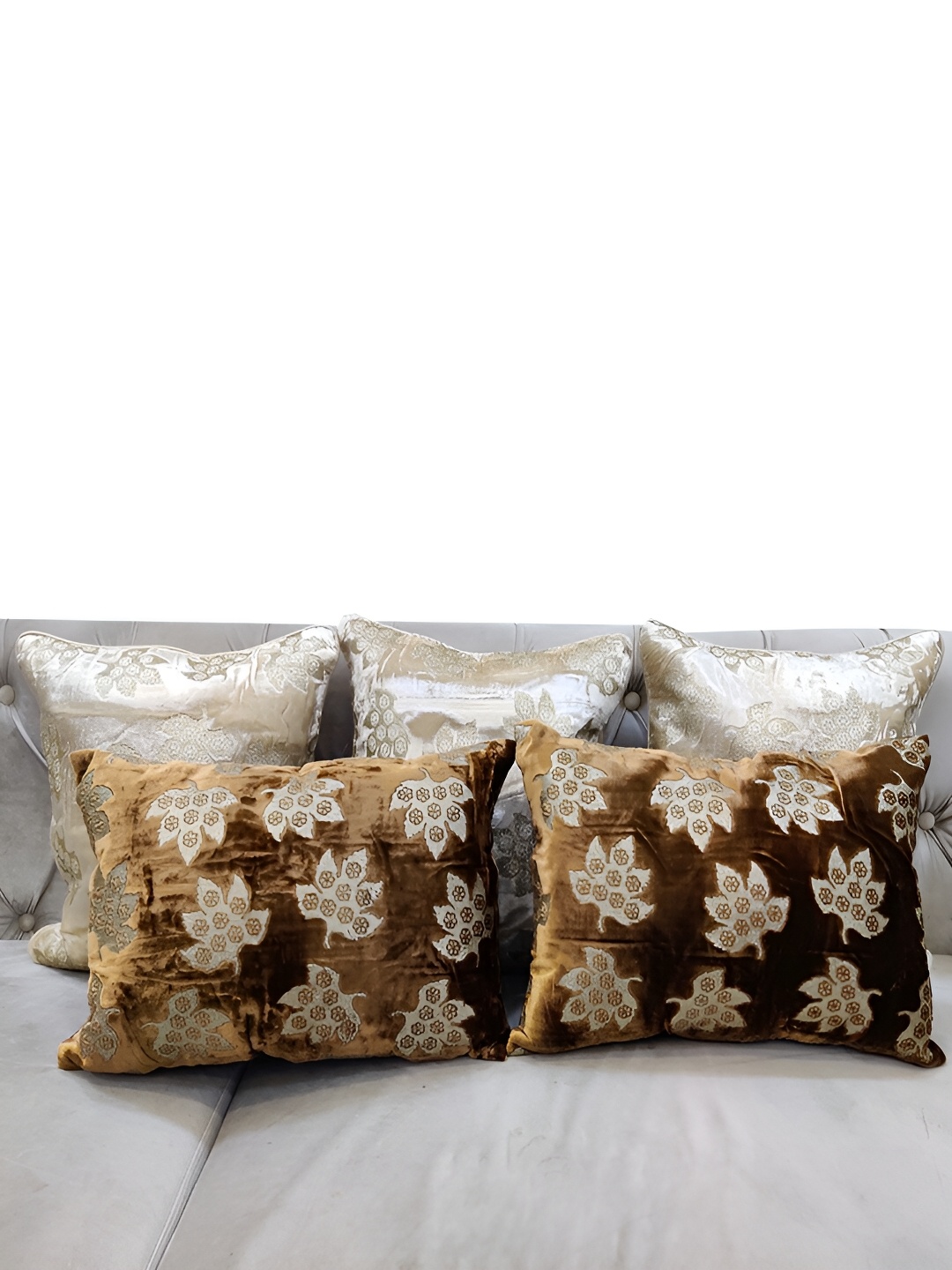

Good Vibes Brown & Gold-Toned 5 Pieces Floral Velvet Rectangle Cushion Covers