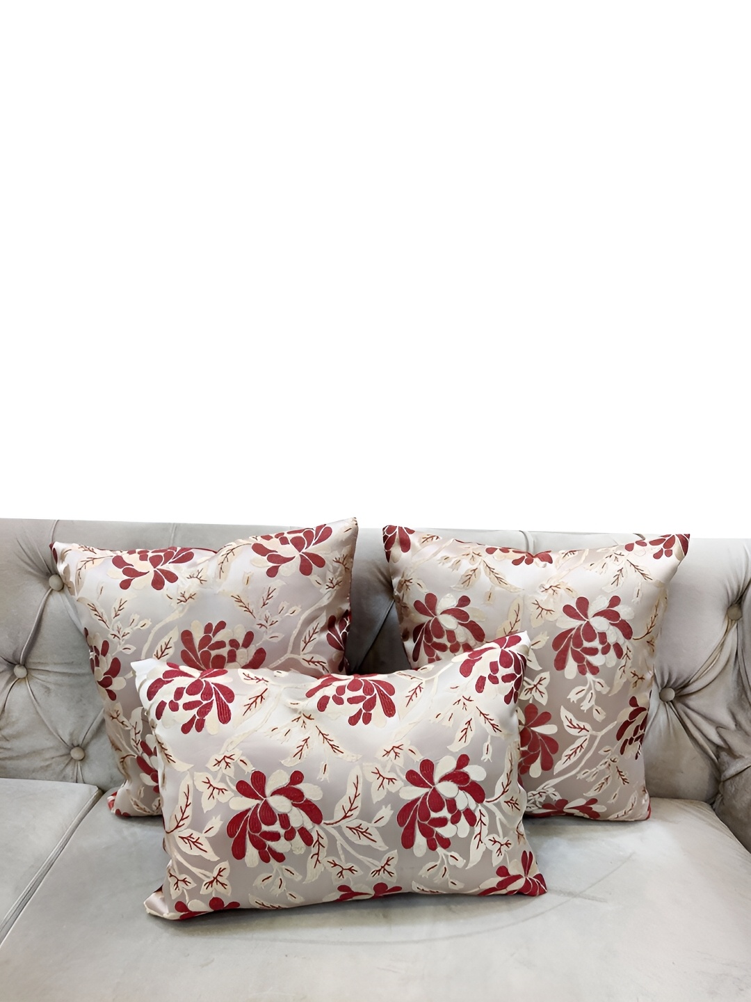 

Good Vibes Maroon & Gold-Toned 3 Pieces Floral Jacquard Square Cushion Covers