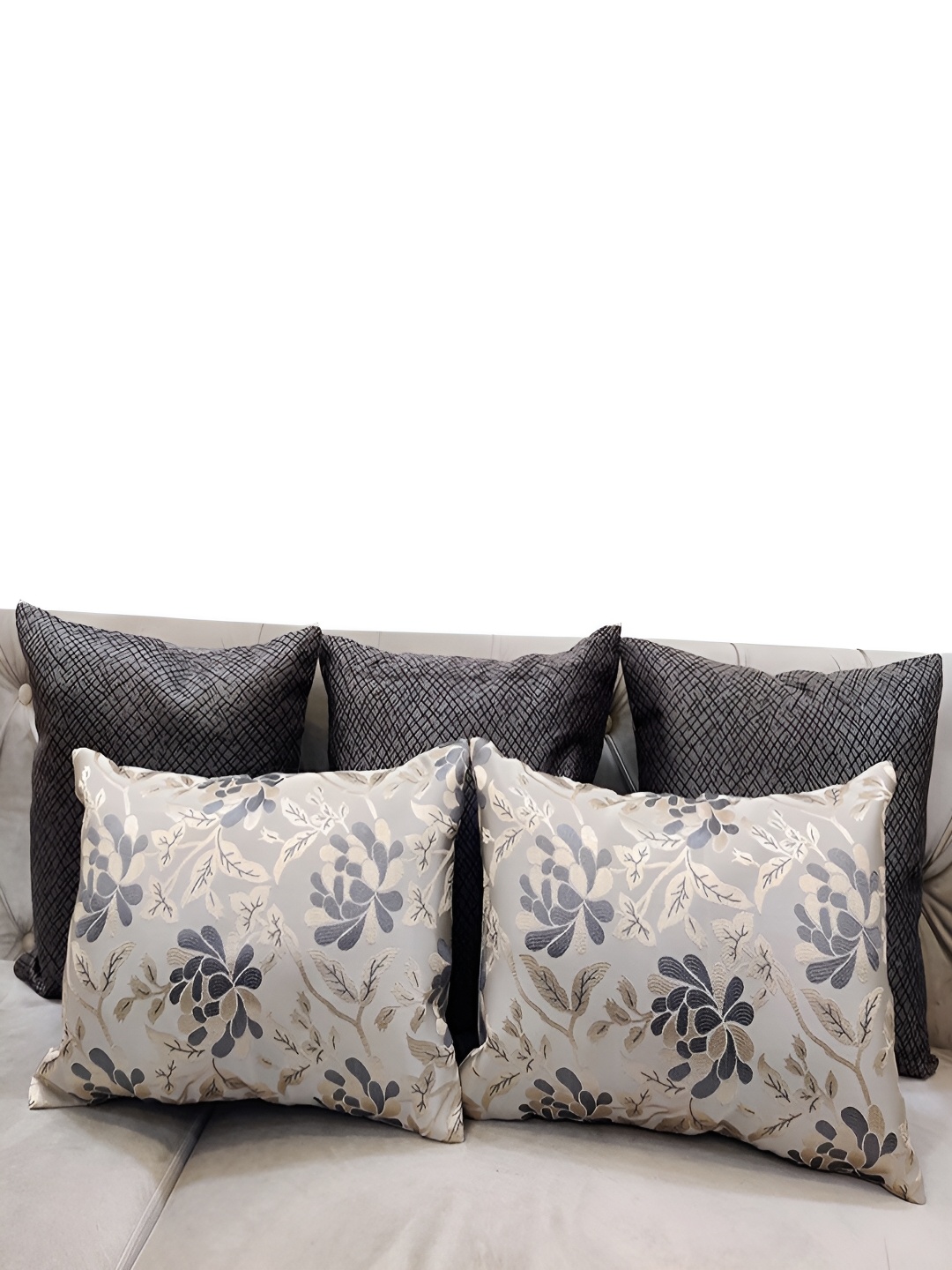 

Good Vibes Grey & Cream-Coloured 5 Pieces Abstract Jacquard Square Cushion Covers