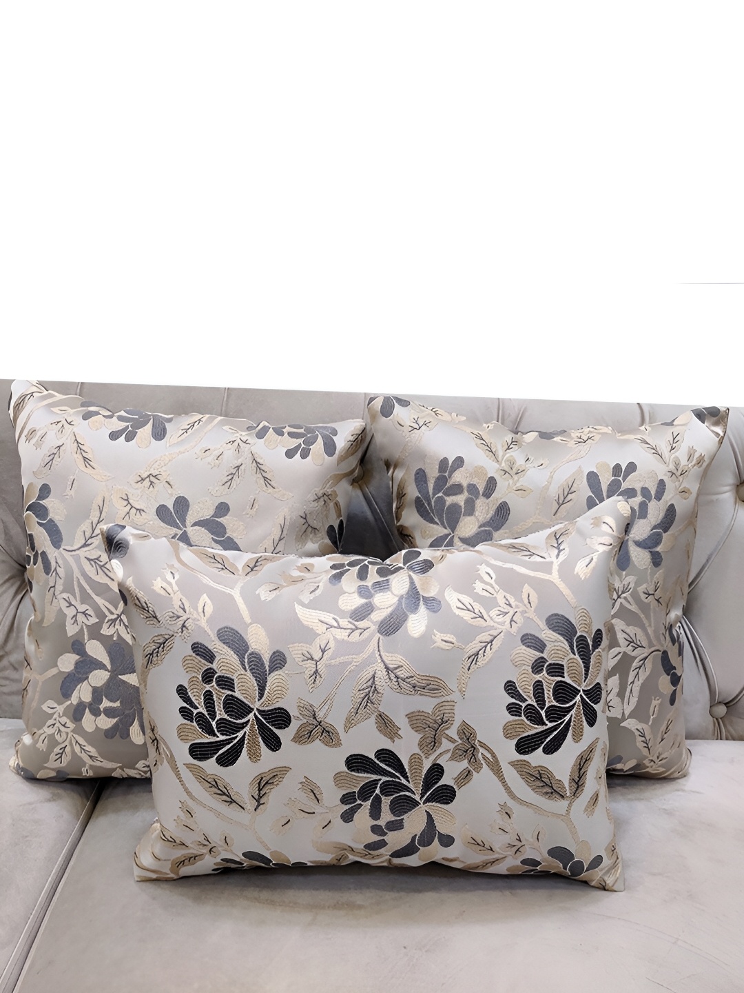 

Good Vibes Grey & Cream-Coloured 3 Pieces Floral Jacquard Square Cushion Covers