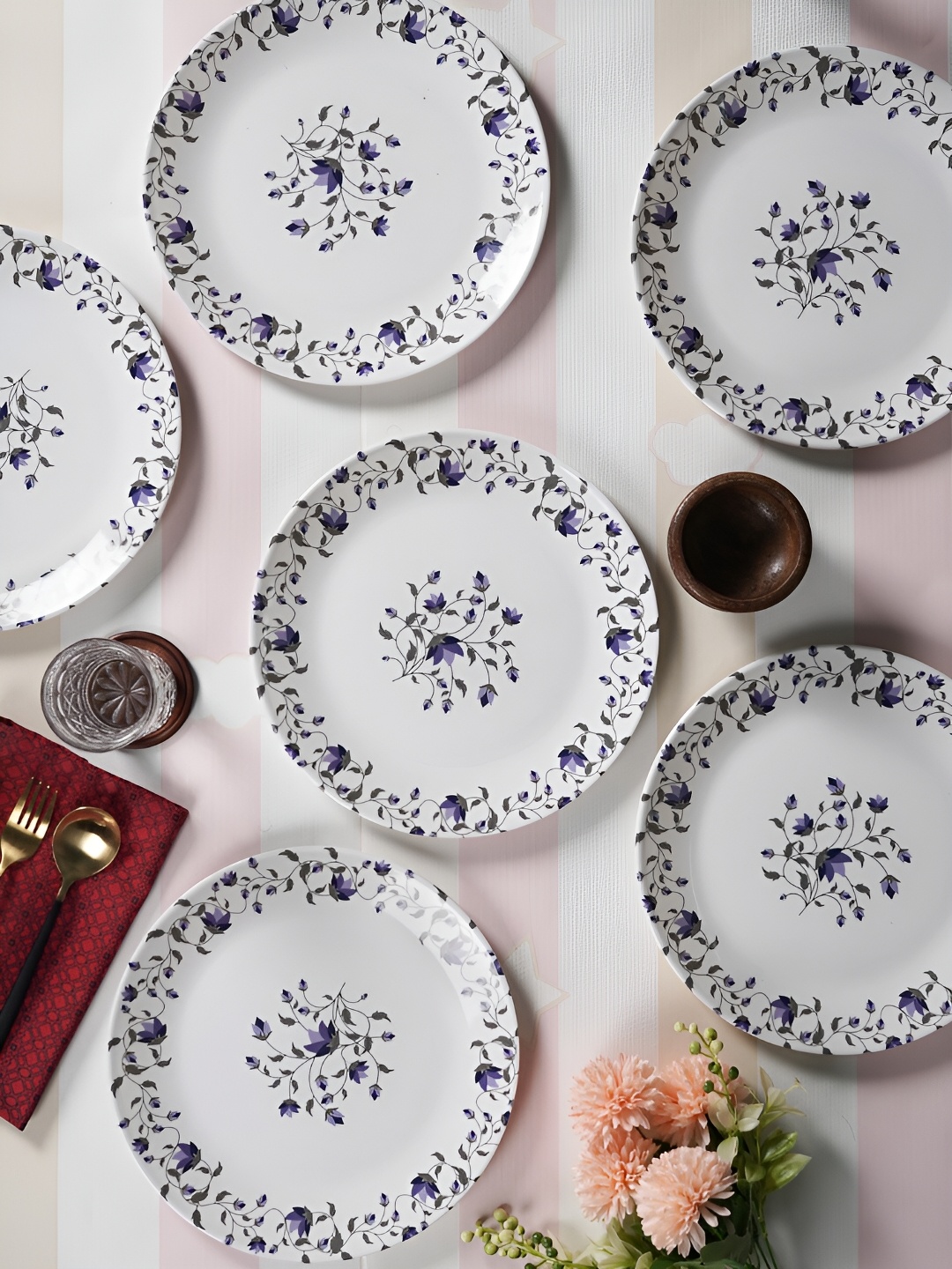 

Aura Blue & White 6Pcs Floral Printed Melamine Glossy Dinner Plates