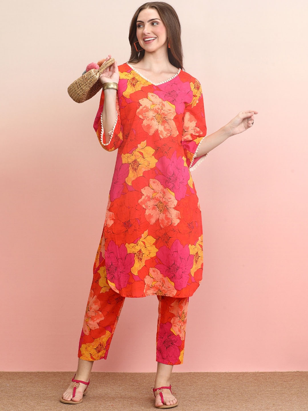 

Indo Era Printed Pure Cotton Tunic With Trousers Co-Ords, Orange