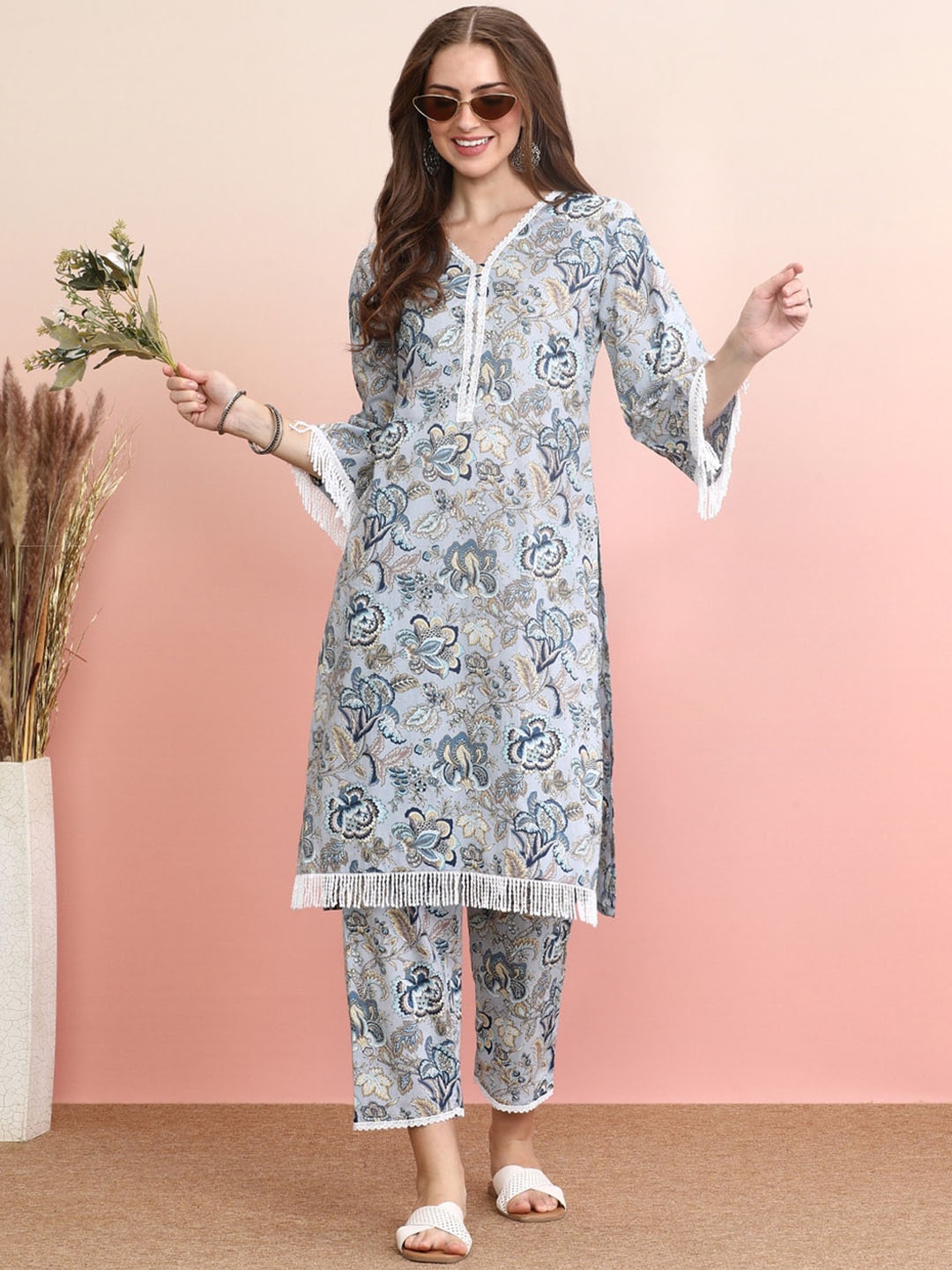 

Indo Era Blue Floral Printed V-Neck Pure Cotton Tunic With Trouser