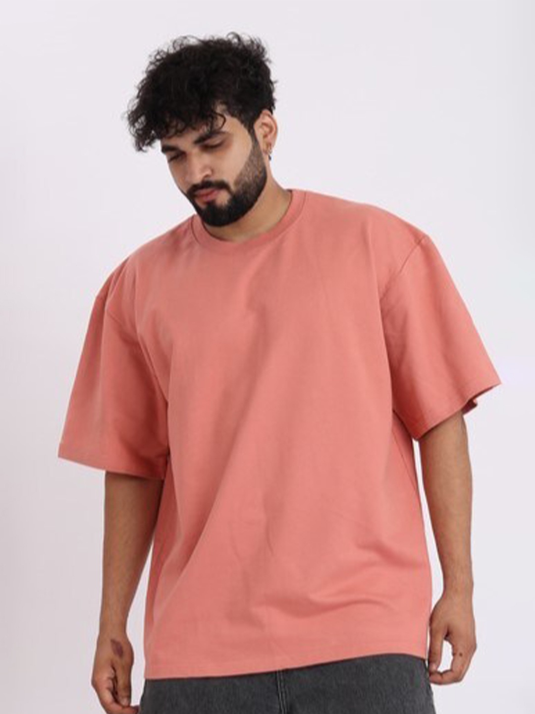 

BROWN BROTHERS Unisex Drop-Shoulder Sleeves Pure Cotton Oversized T-shirt, Pink