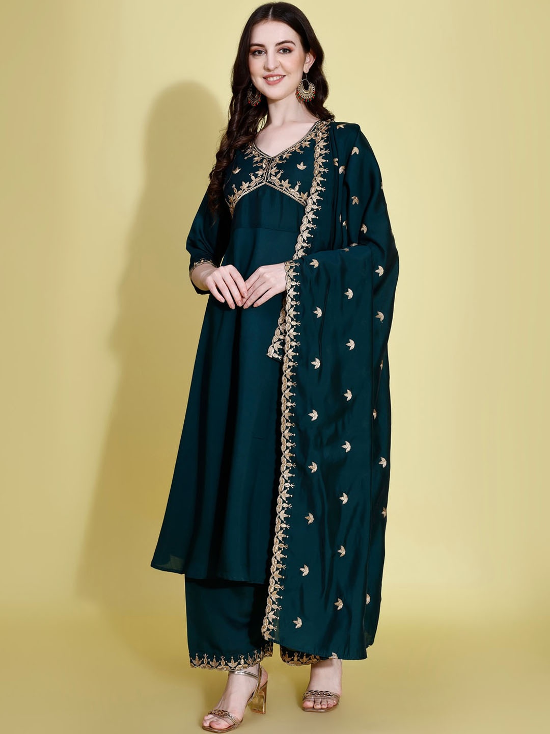 

KALINI Ethnic Motifs Embroidered Thread Work Anarkali Kurta With Palazzos & Dupatta, Green