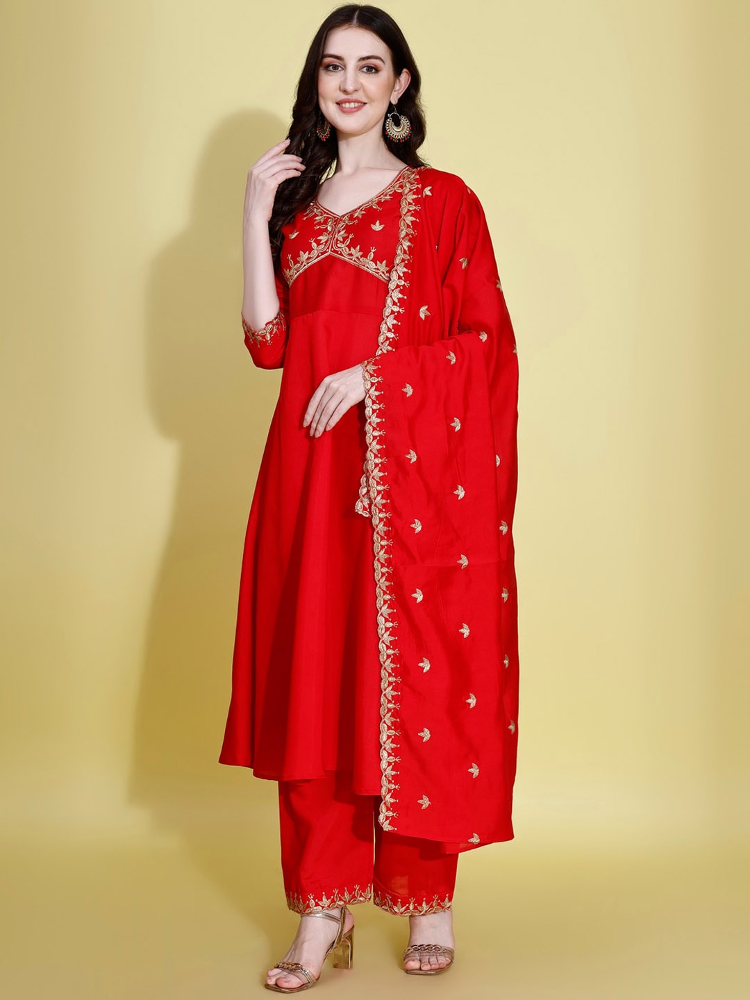 

KALINI V Neck Ethnic Motifs Embroidered Anarkali Kurta with Palazzo & Dupatta, Red