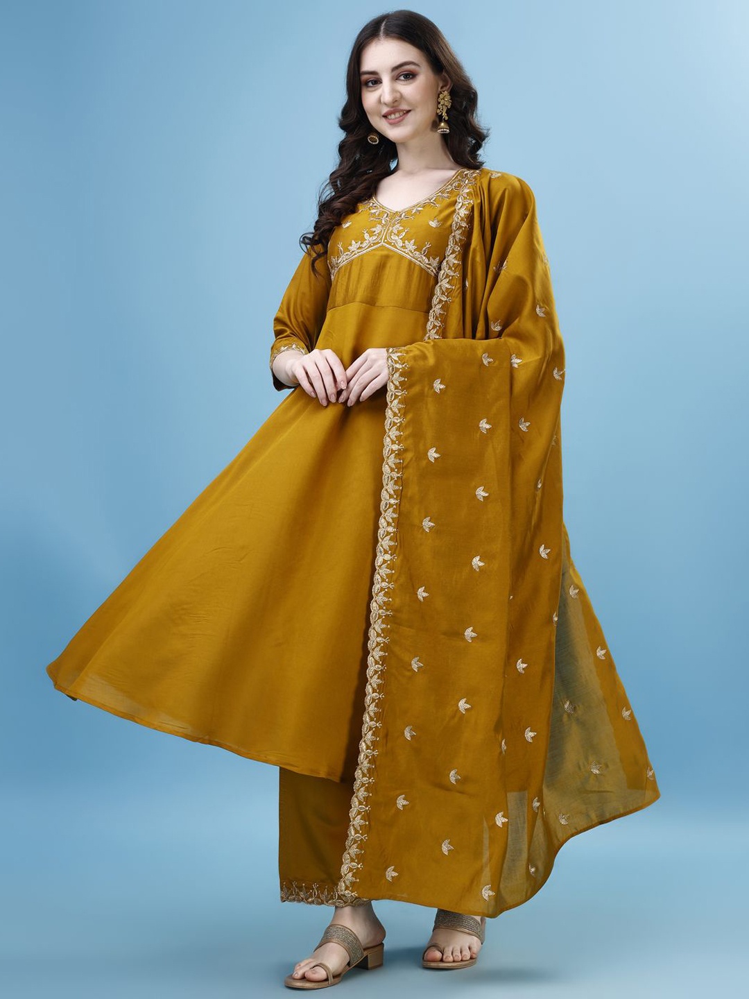 

KALINI Ethnic Motifs Embroidered Thread Work Anarkali Kurta With Palazzos & Dupatta, Yellow
