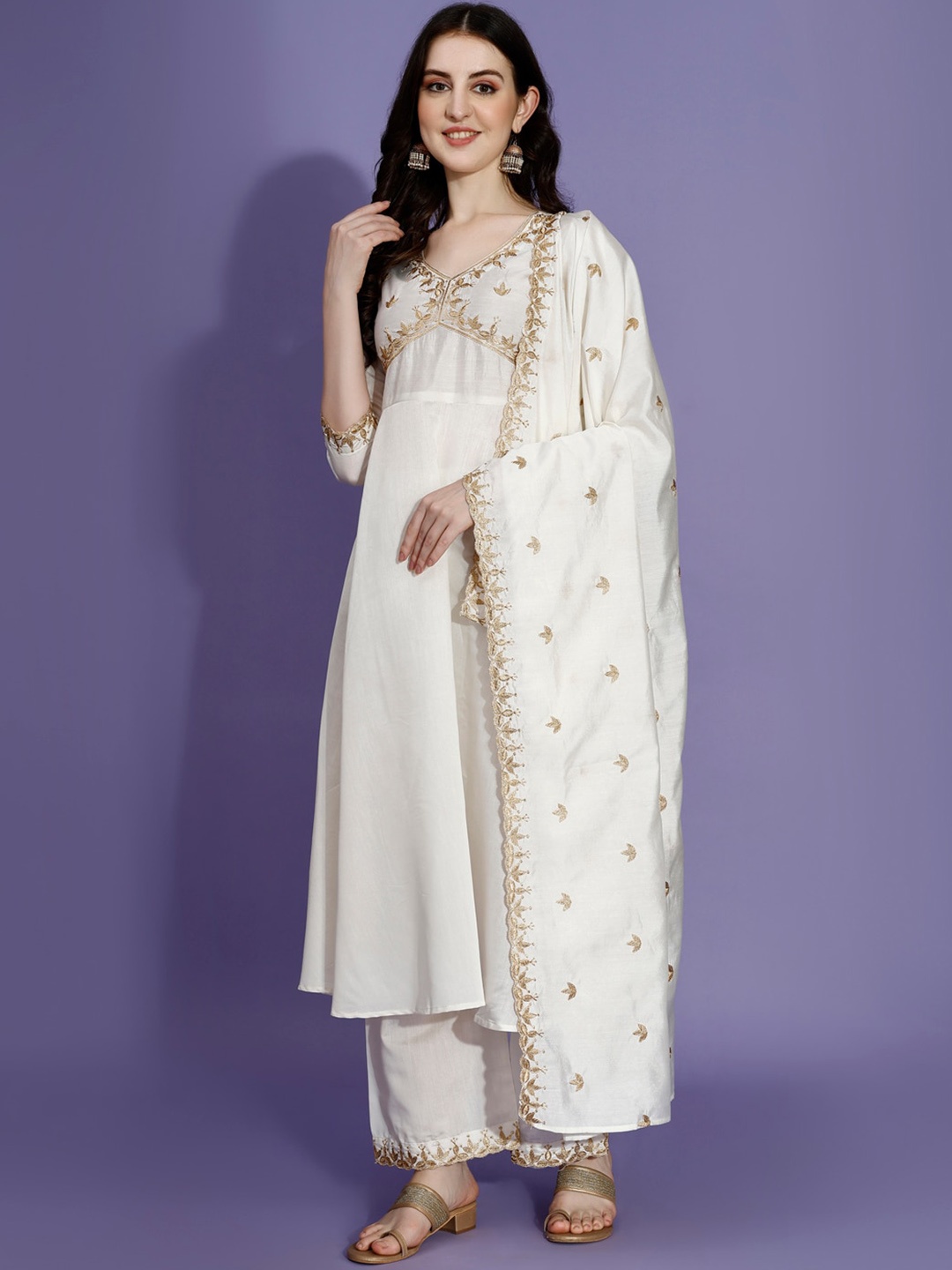 

KALINI V Neck Ethnic Motifs Embroidered Anarkali Kurta with Palazzo & Dupatta, White