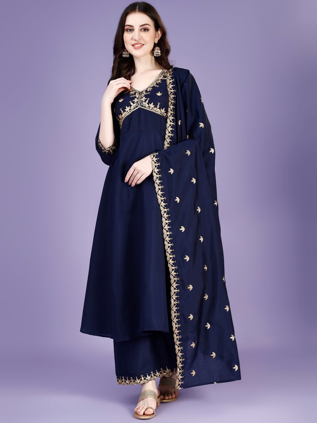 

KALINI Ethnic Motifs Embroidered Thread Work Anarkali Kurta With Palazzos & Dupatta, Blue
