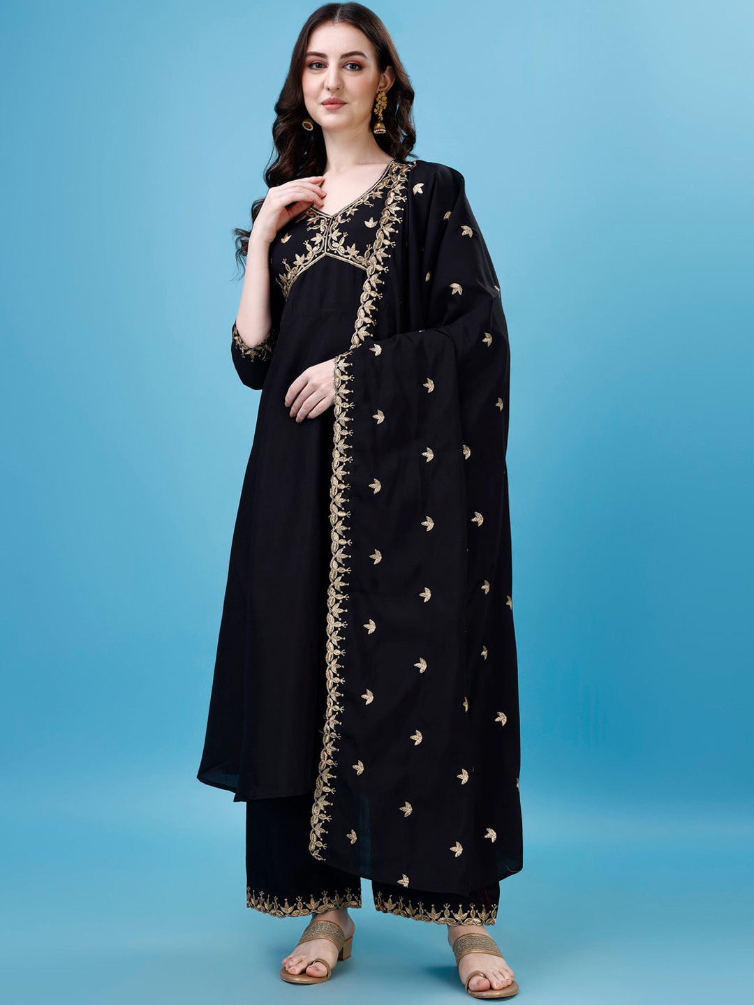 

KALINI Ethnic Motifs Embroidered Thread Work Anarkali Kurta With Palazzos & Dupatta, Black