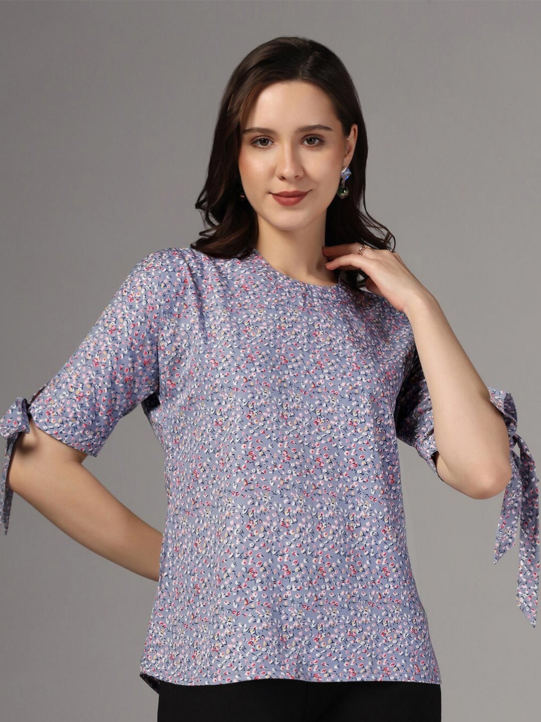 

FASHION DREAM Floral Print Slit Sleeve Top, Grey
