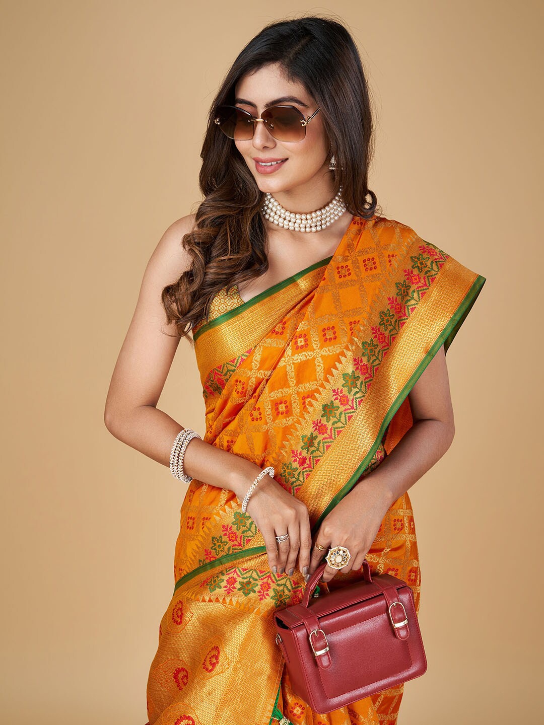 

RAJ DHARMA SILK Woven Design Zari Patola Saree, Orange