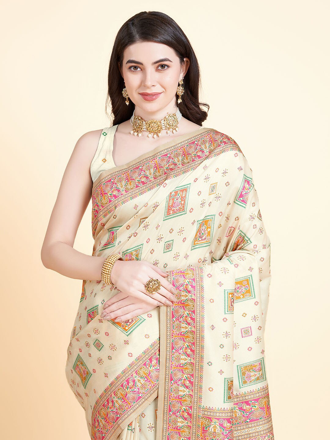 

RAJ DHARMA SILK Woven Design Zari Mysore Silk Saree, Cream