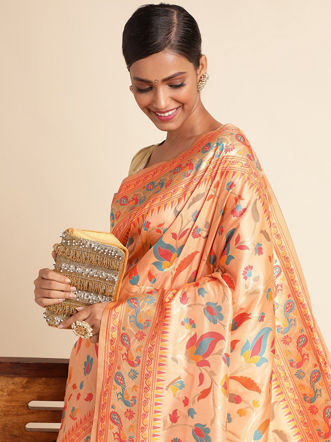 

RAJ DHARMA SILK Woven Design Zari Saree with Tassels, Peach
