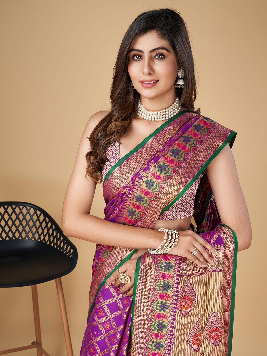 

RAJ DHARMA SILK Woven Design Zari Patola Saree with Tassels, Purple