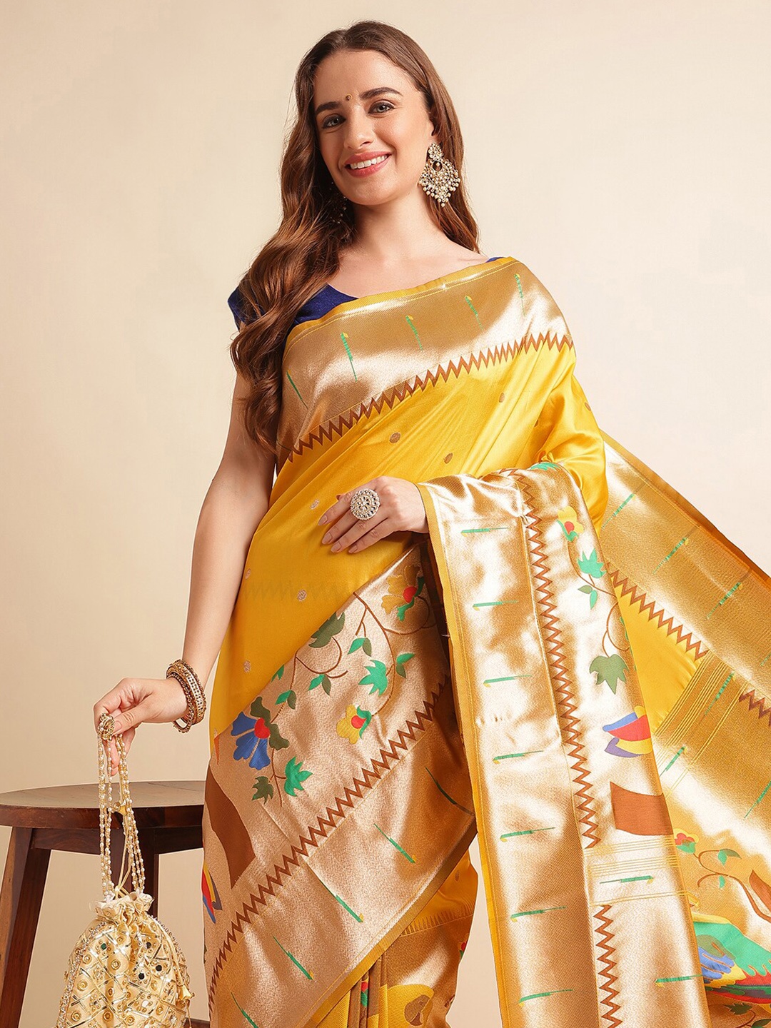 

RAJ DHARMA SILK Woven Design Zari Paithani Saree with Tassels, Yellow