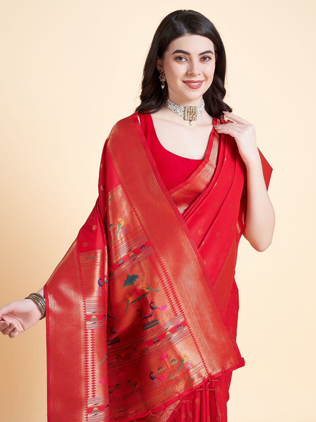 

RAJ DHARMA SILK Woven Design Zari Paithani Saree, Red