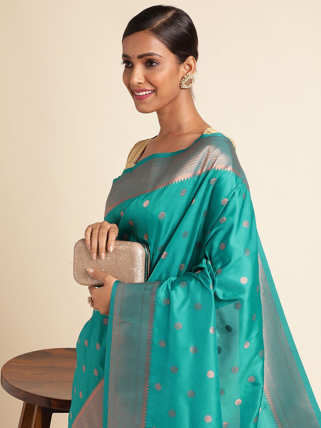 

RAJ DHARMA SILK Ethnic Motifs Woven Design Zari Paithani Saree, Teal