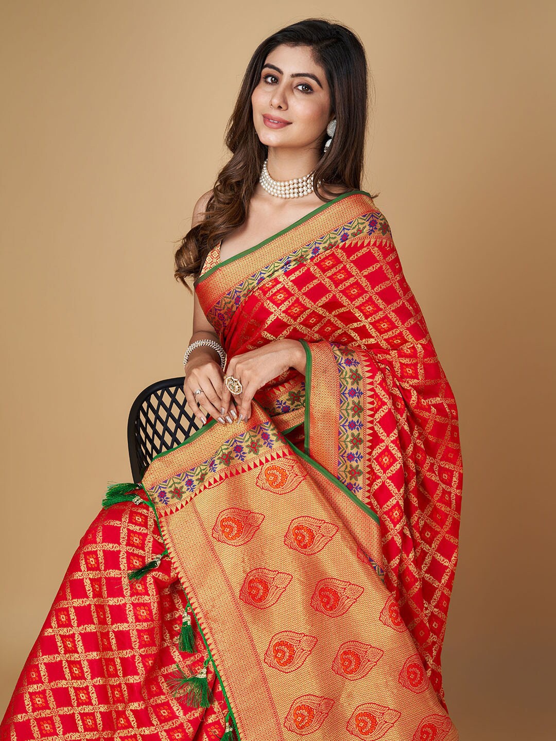 

RAJ DHARMA SILK Woven Design Zari Patola Saree with Tassels, Red
