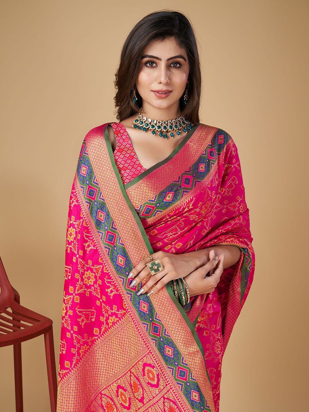 

RAJ DHARMA SILK Woven Design Zari Patola Saree with Tassels, Pink