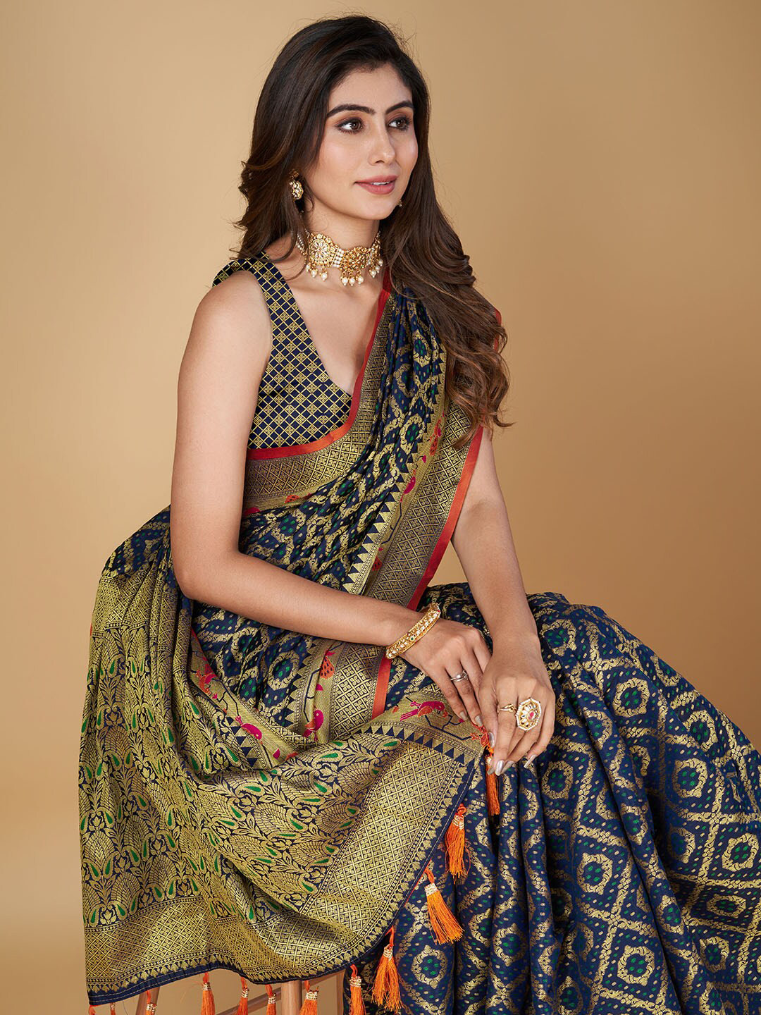 

RAJ DHARMA SILK Woven Design Zari Patola Saree with Tassels, Navy blue