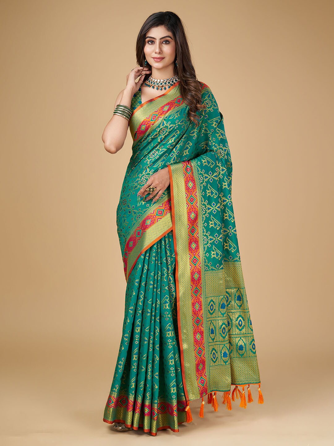 

RAJ DHARMA SILK Woven Design Zari Patola Saree, Teal