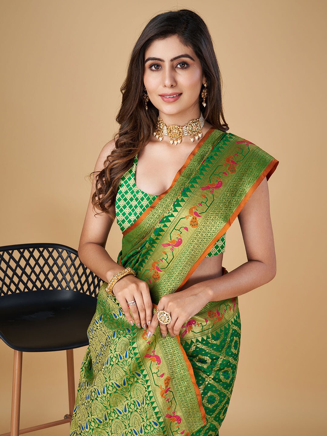 

RAJ DHARMA SILK Woven Design Zari Patola Saree, Green