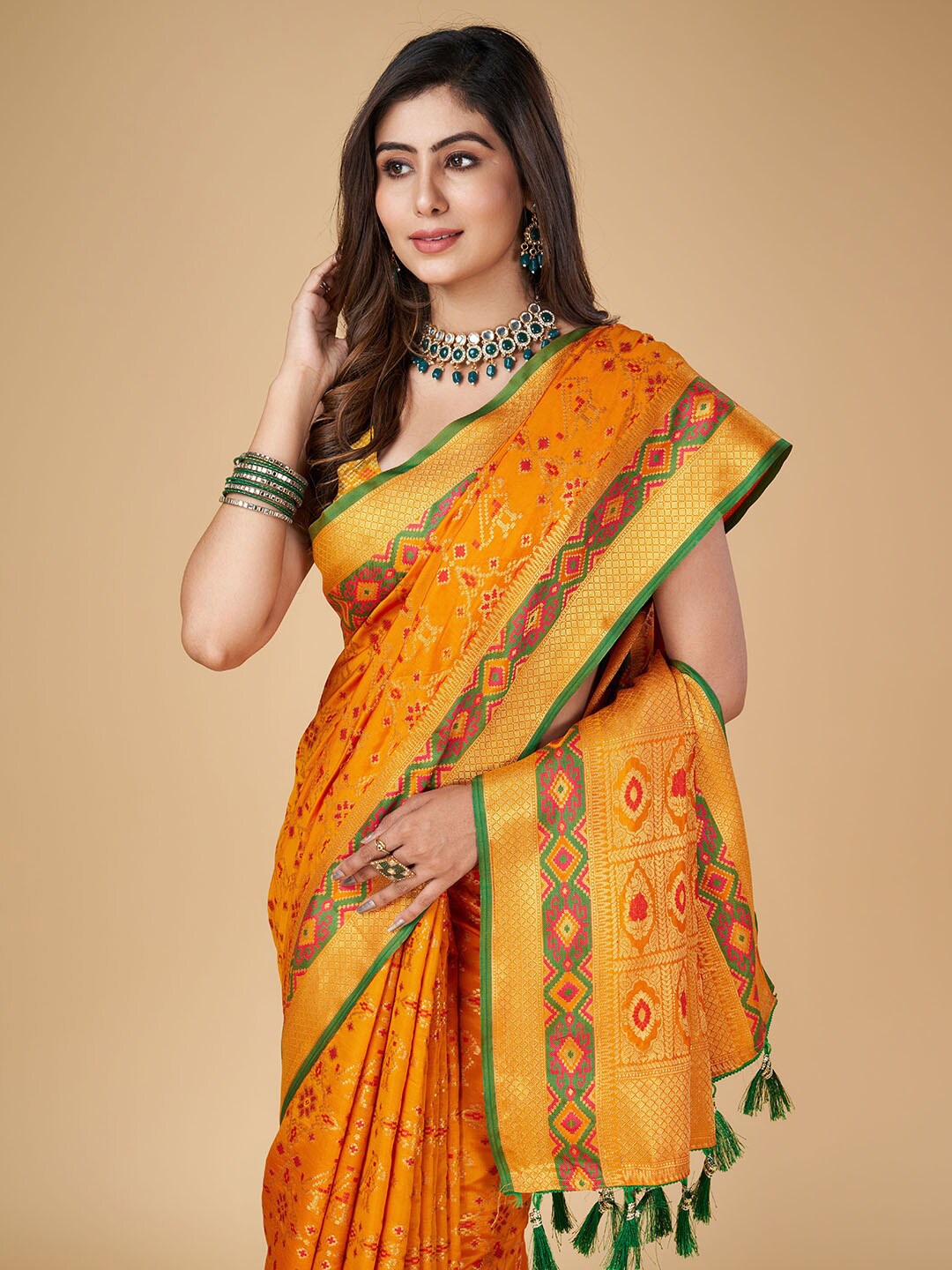

RAJ DHARMA SILK Woven Design Zari Patola Saree, Gold
