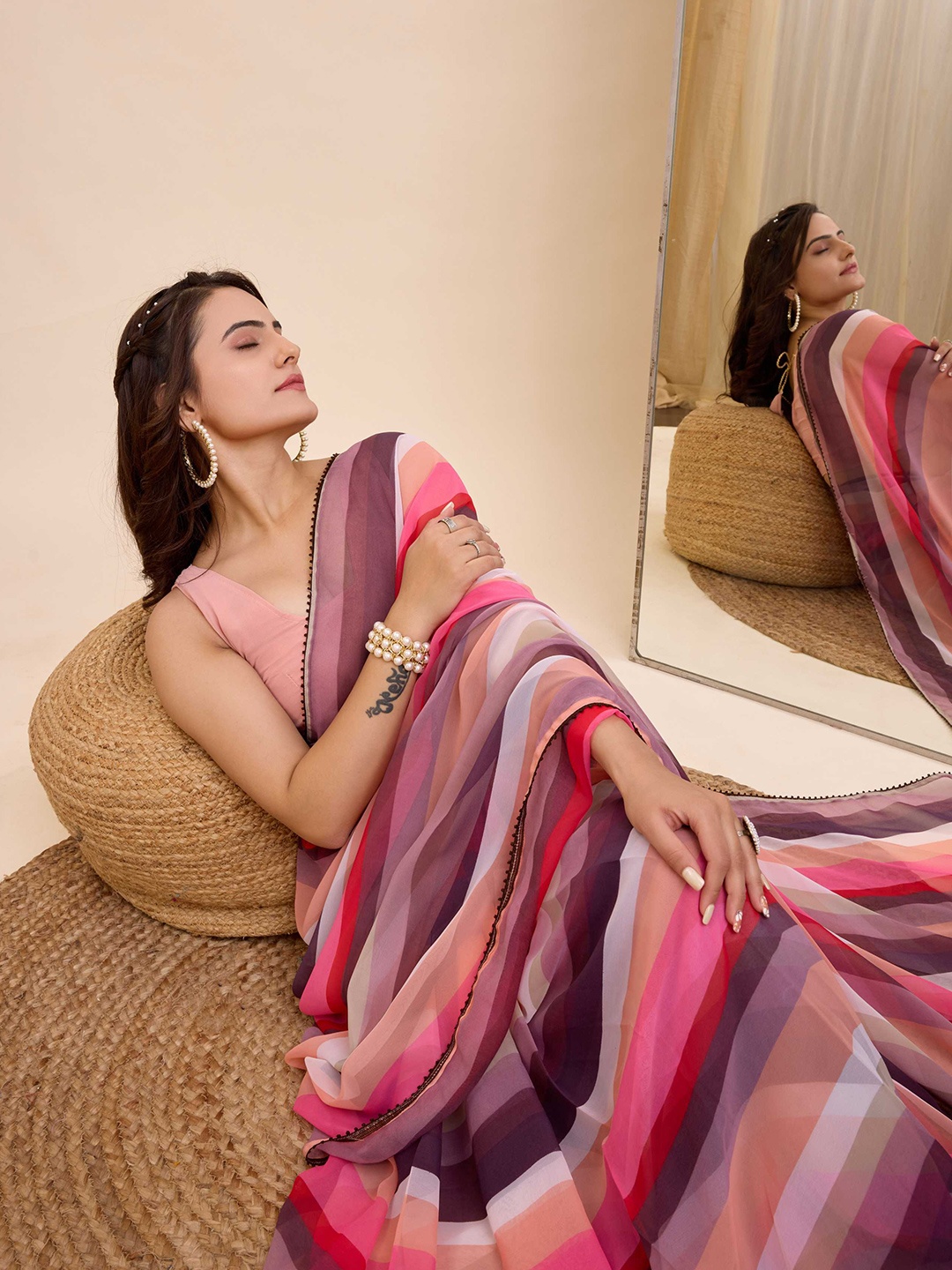 

HERE&NOW Soft Georgette Printed Ready to Wear Saree, Peach
