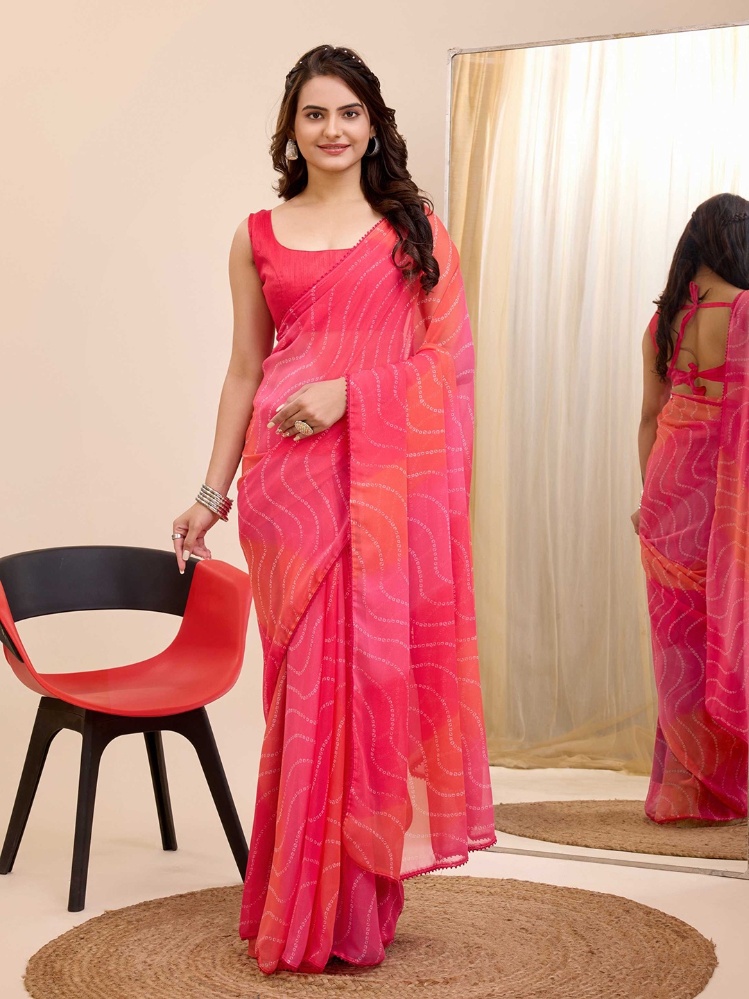 

HERE&NOW Soft Georgette Printed Ready to Wear Saree, Pink