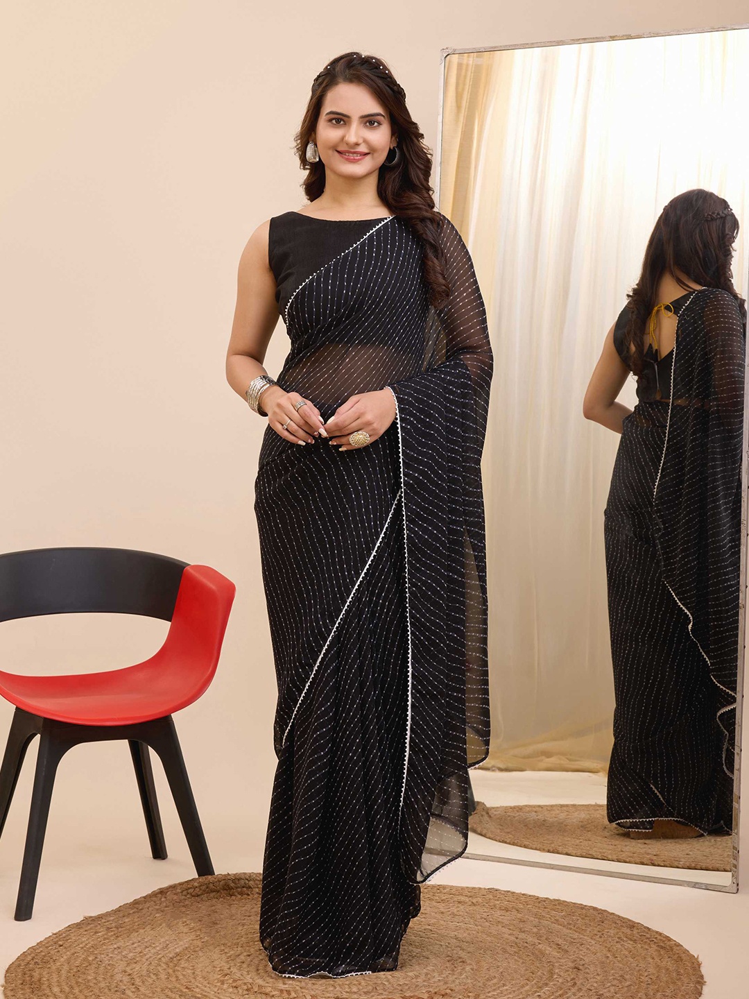 

HERE&NOW Leheriya Soft Georgette Printed Ready to Wear Saree, Black