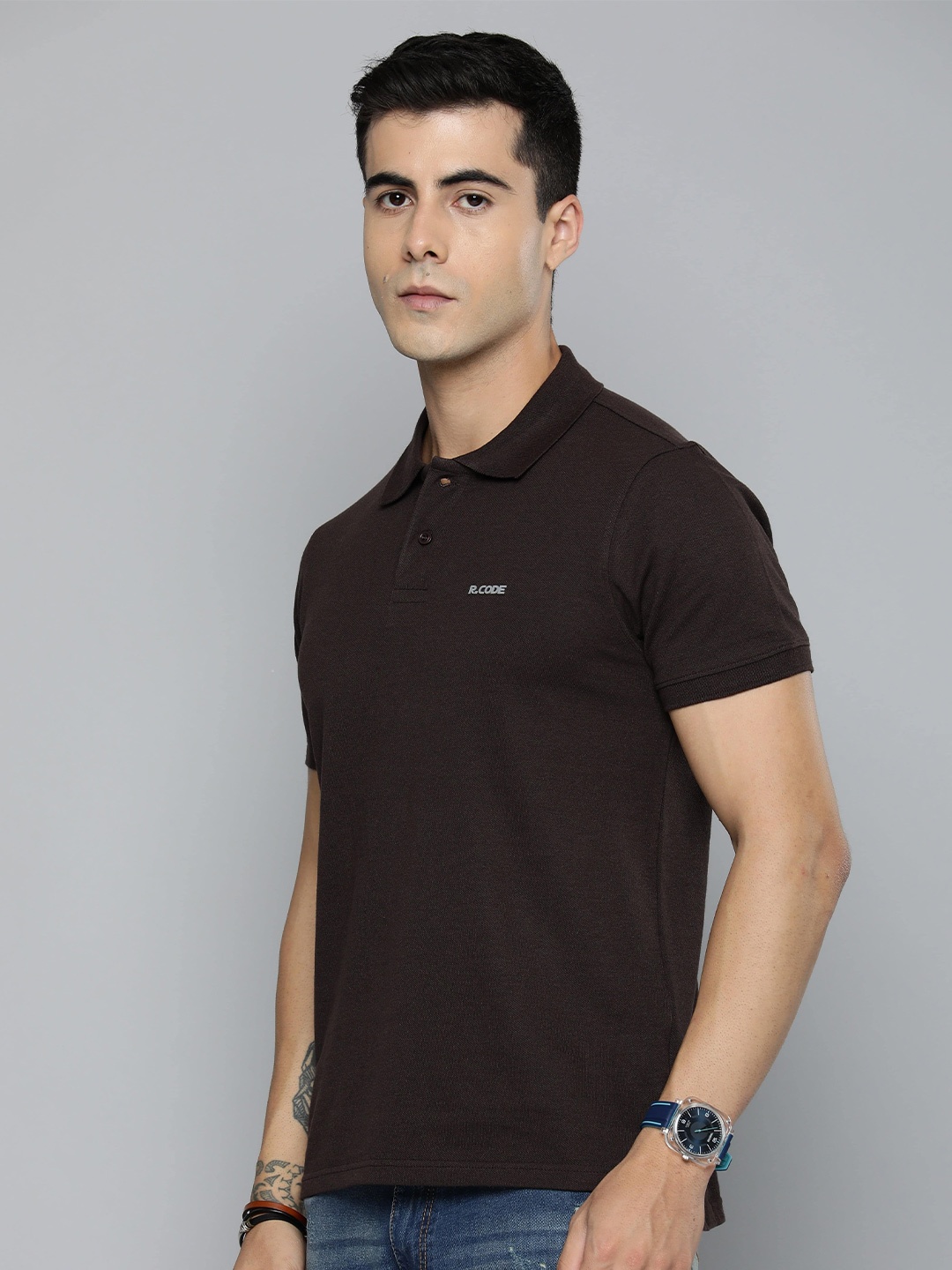 

R.Code by The Roadster Life Co. Polo Collar Cotton Casual T-shirt, Brown