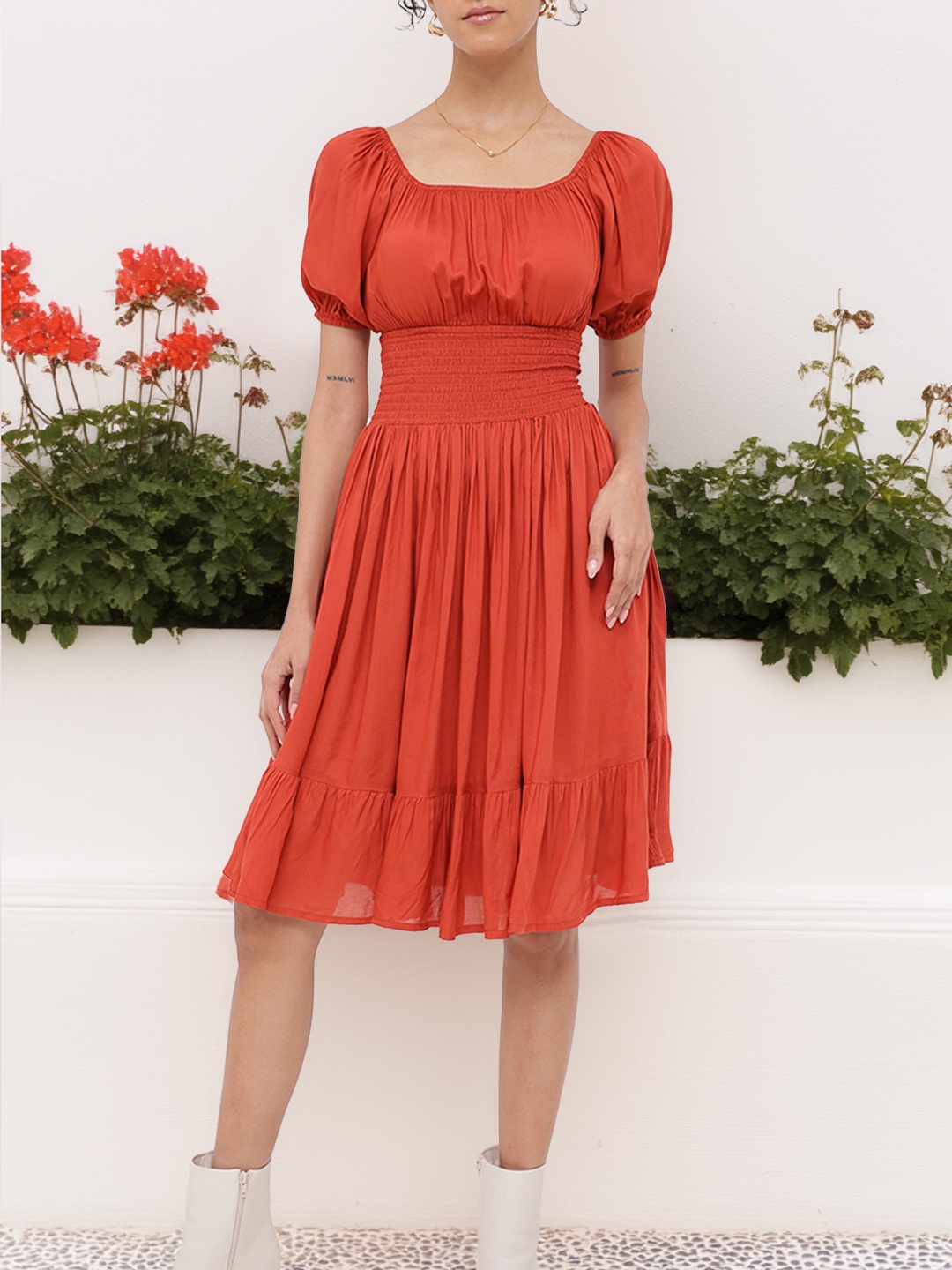 

DressBerry Effortless Essence Smocked Waist Puff Sleeves A-line Dress, Rust